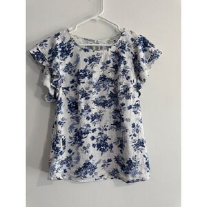 Summer linen blend cupcakes and cashmere Floral‎ Ruffle Blouse Womens M Blue Top